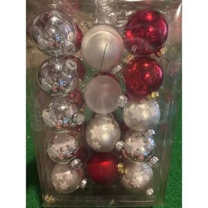 Kmart 28ct 65mm Glass Christmas Ornaments Red Silver Snowflake Assorted Set